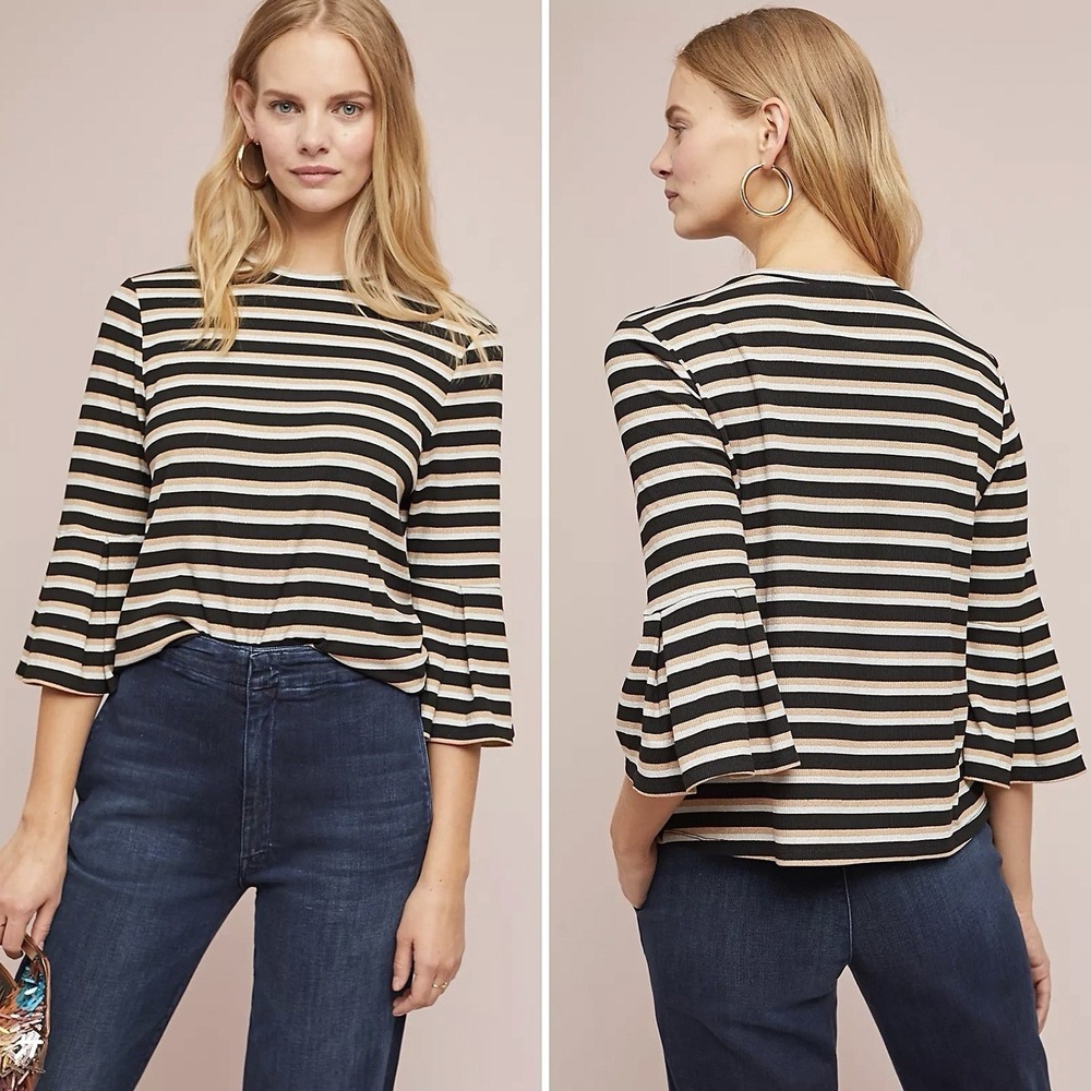 Anthropologie Isla Maude Striped Knit Top Size XS‎ Metallic Black Gold Ribbed